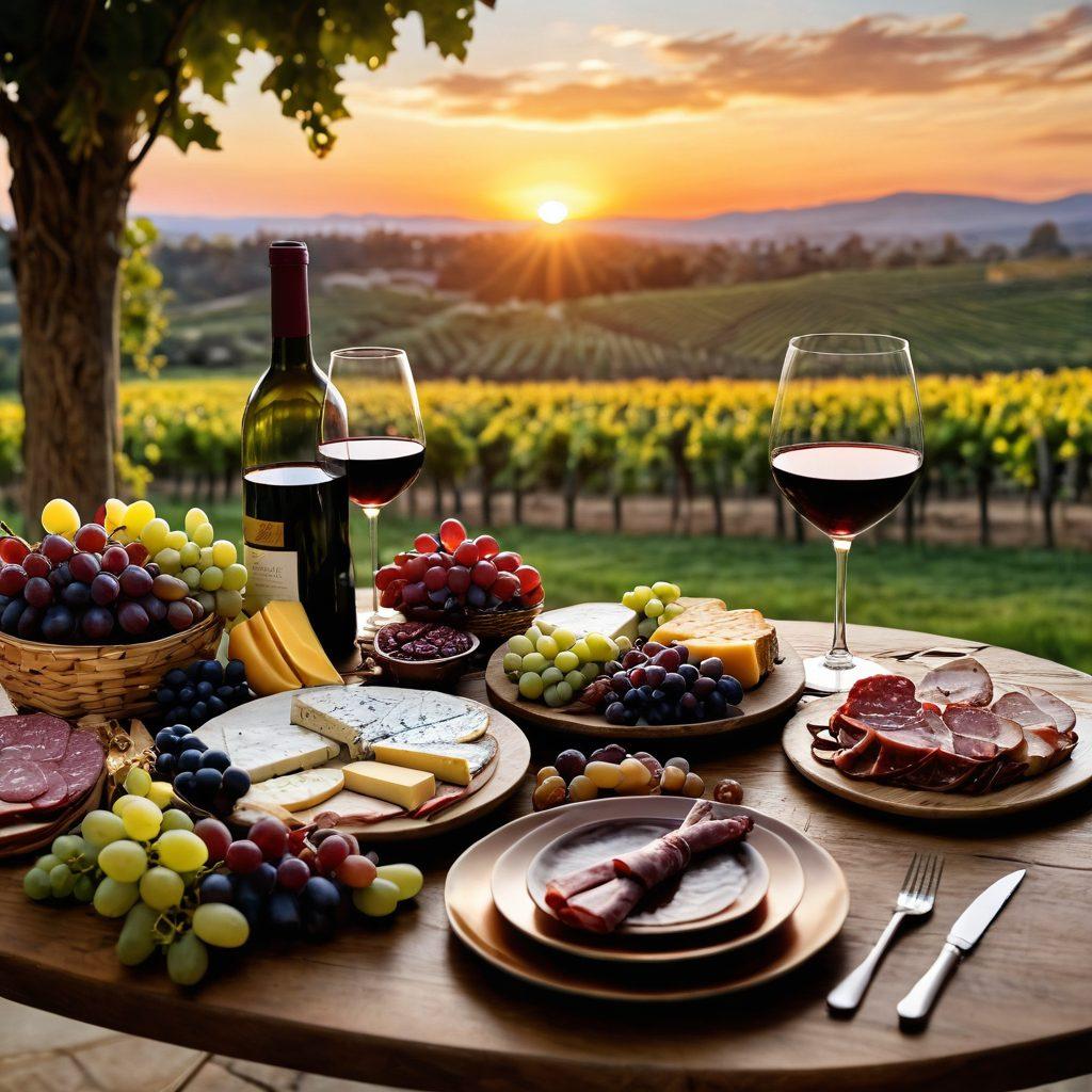 A beautifully set dining table featuring an elegant wine glass and gourmet food pairings like cheese, fruits, and charcuterie. The backdrop showcases a vineyard at sunset, with grapes on the vine and soft, warm lighting enhancing the ambiance. Include a subtle overlay of tasting notes and flavor profiles drifting in the air. super-realistic. vibrant colors. warm tones.