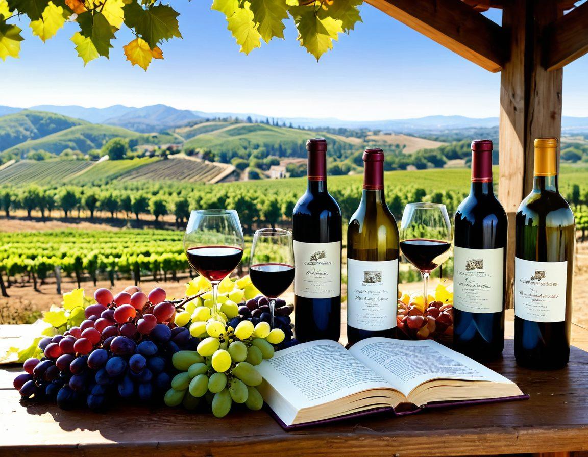 A beautifully arranged rustic wooden table featuring a variety of wine bottles and glasses, surrounded by clusters of diverse grape varieties in vivid colors. In the background, a quaint vineyard under a bright sunny sky, with rolling hills and purple grapes hanging on the vines. An open wine book with notes and tasting descriptions adds an element of wine appreciation. super-realistic. vibrant colors. outdoor setting.