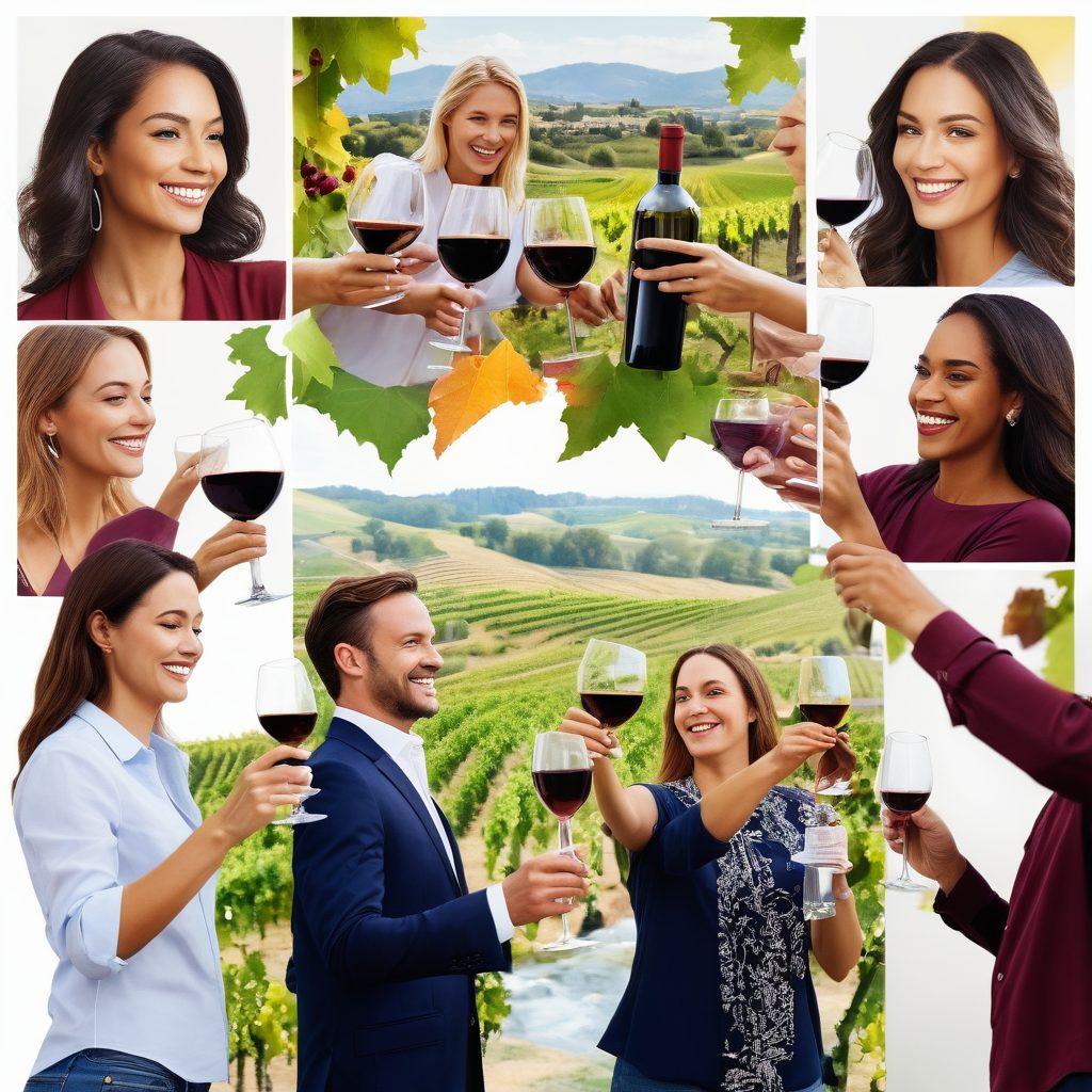 A vibrant collage of wine-related scenes, featuring a diverse group of people smiling and toasting at a vibrant outdoor festival, elegantly arranged wine bottles and glasses, lush vineyards in the background, and a map highlighting global wine regions. The atmosphere is warm and inviting, showcasing the joy of wine culture and community. super-realistic. vibrant colors. white background.
